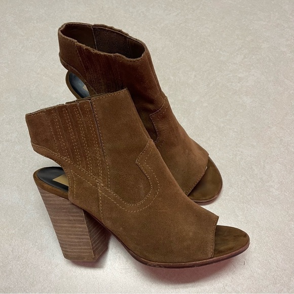 Dolce Vita Peep Toe Open Back Block Heel Brown Suede Leather Booties size 9.5 - Picture 4 of 7